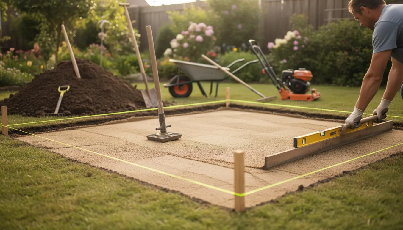 Udjævnet 4x4 m haveområde med opgravet jord, pålagt 10 cm sand og værktøj til stampning.