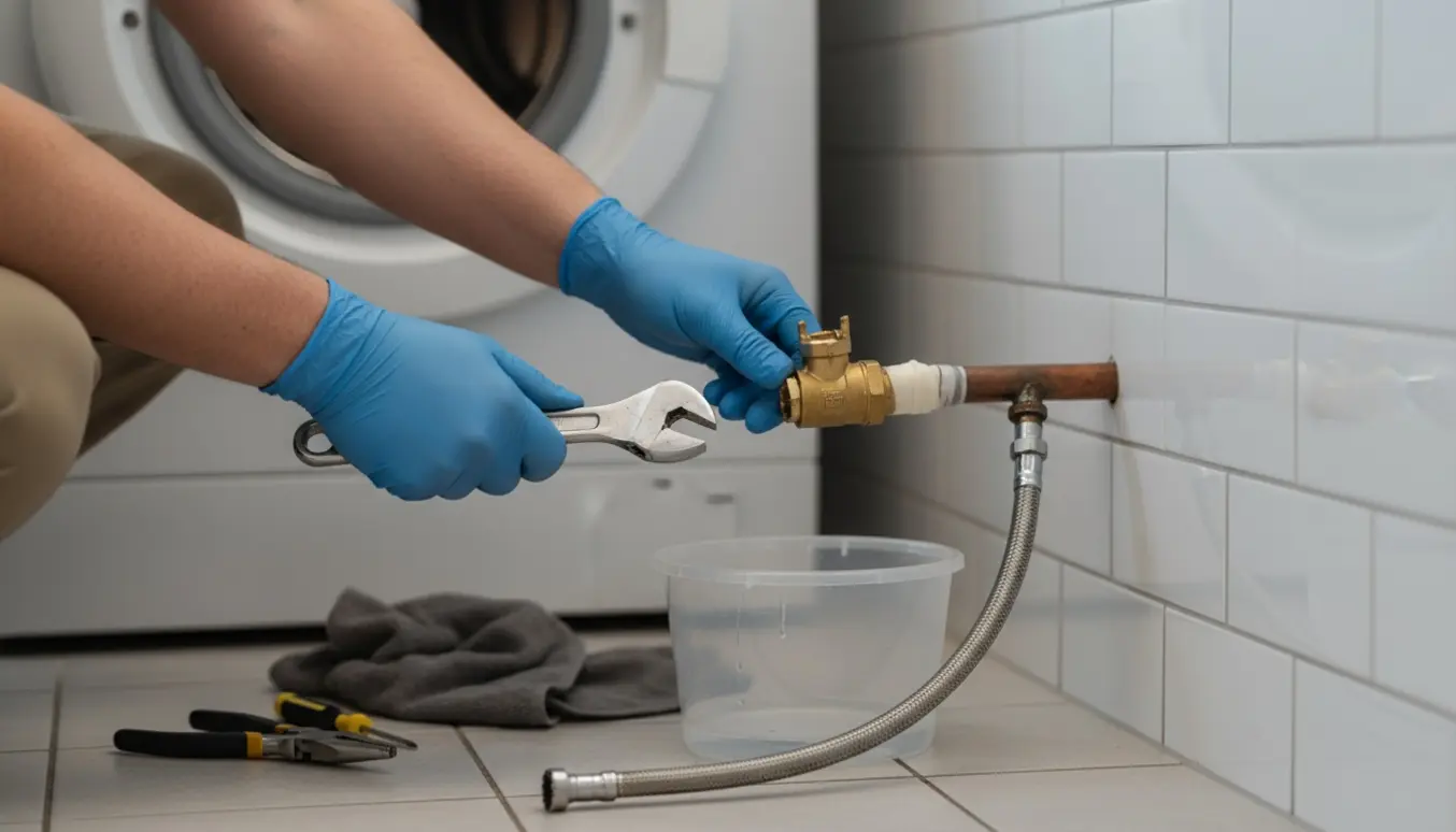 Nærbillede af udskiftning af knækket Ballofix-ventil bag vaskemaskine med værktøj og spand.