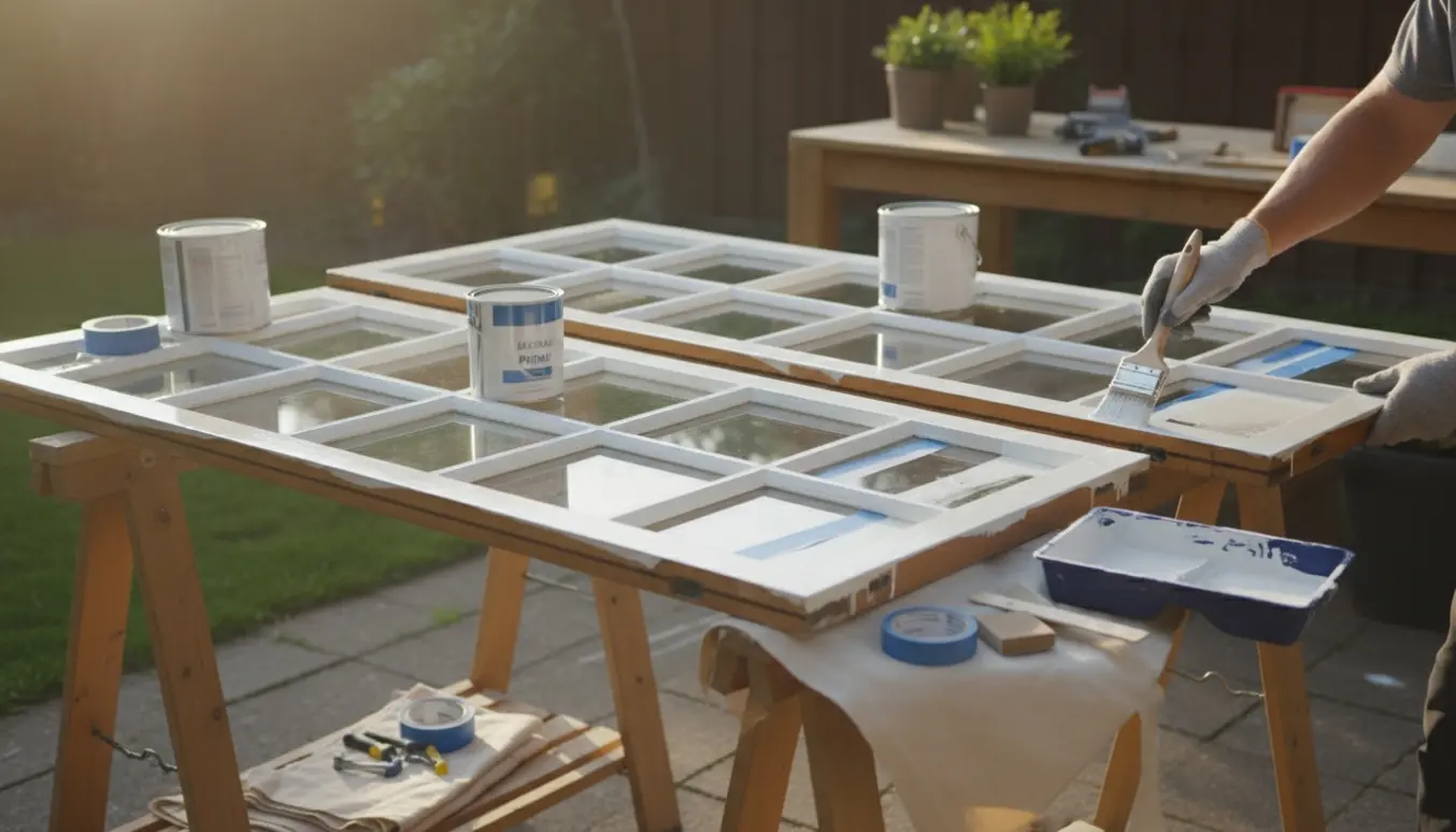 Fire sprossevinduer ligger på bukke, ét er ved at blive malet med hvid maling.