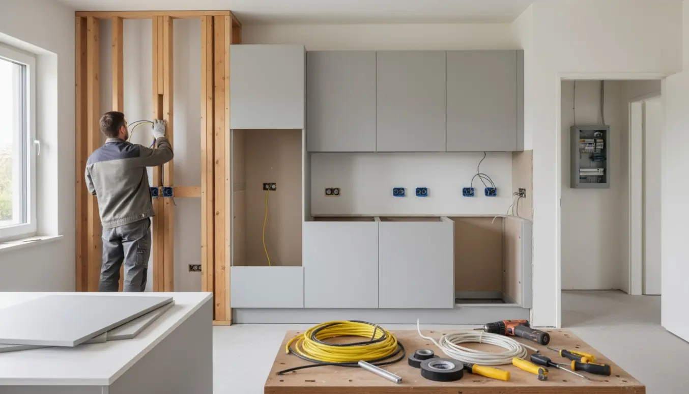 Elektriker arbejder i et køkken under renovering med synlige kabler, installationsbokse og delvist monterede skabe.