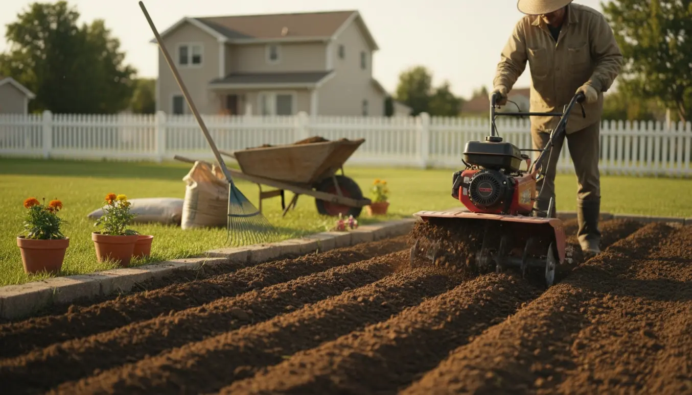 Havefræser forbereder jord til ny græsplæne med rive og trillebør i baggrunden.