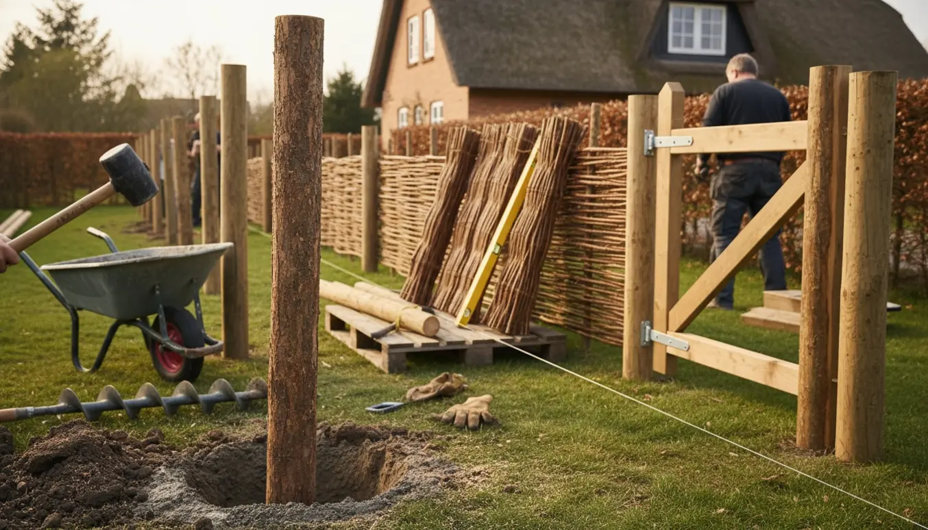 Opsætning af raftehegn i have med stolper, raftehegnspaneler, låge og værktøj.