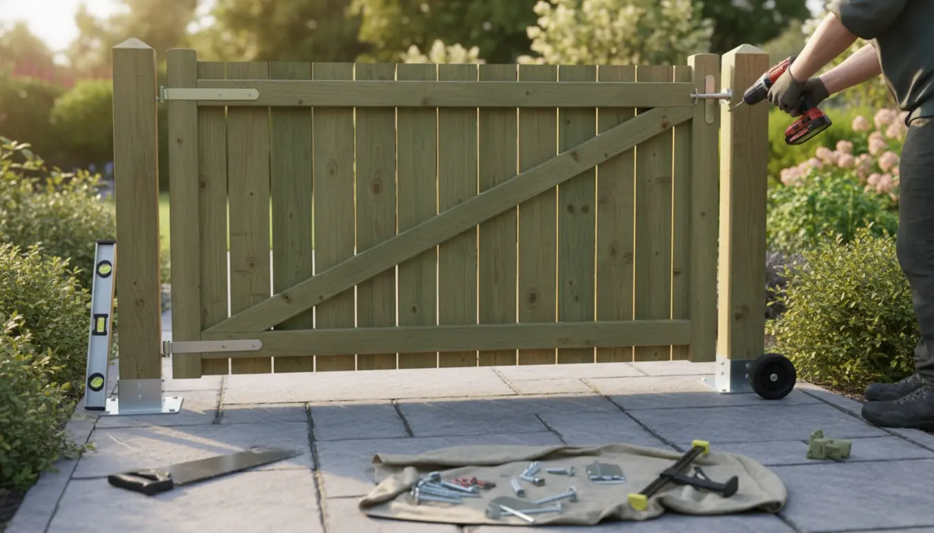 En trykimprægneret havelåge monteres ved to stolper på fliser med værktøj omkring.