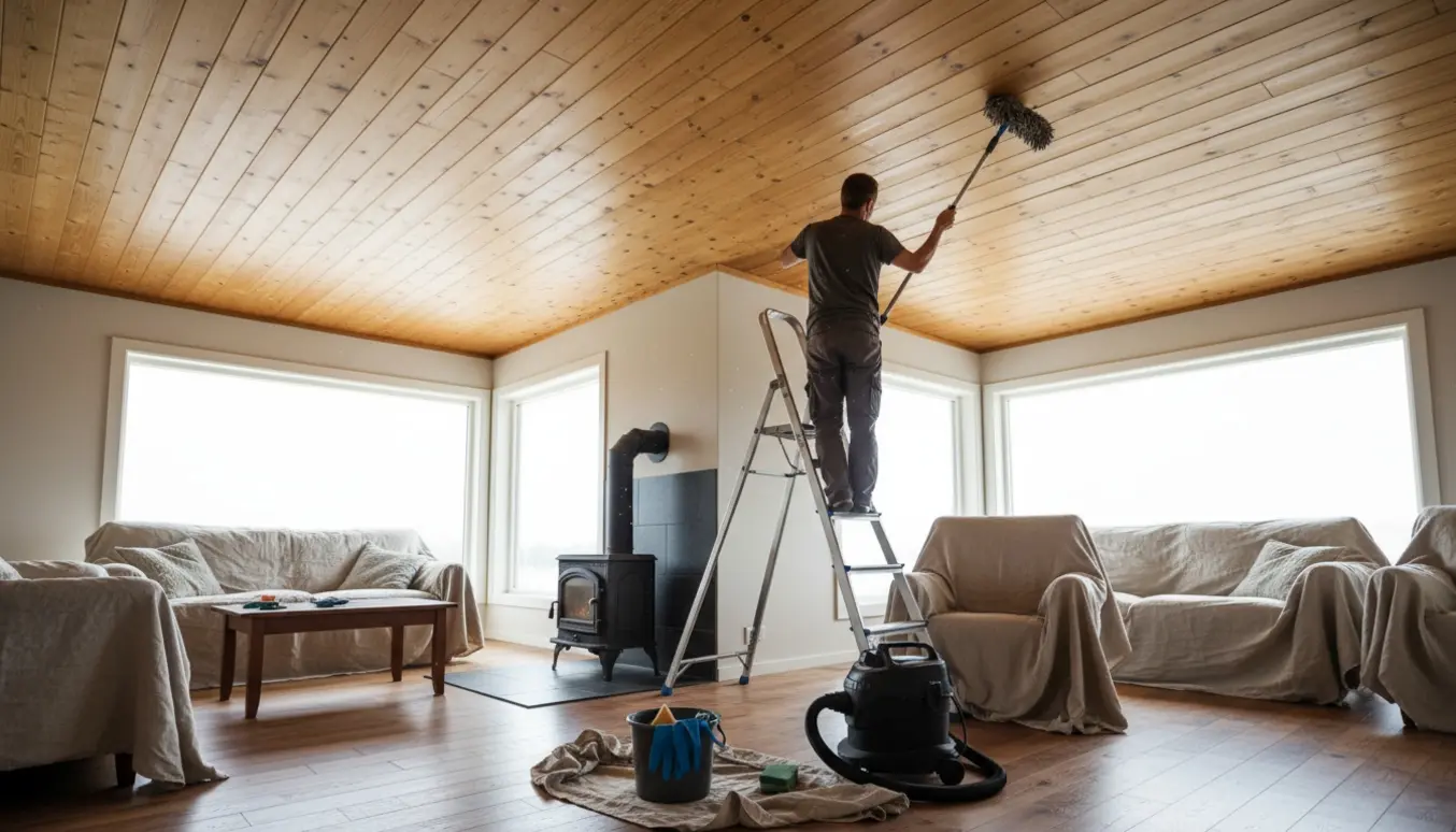 Person rengør et træloft i en vinkelstue fra en stige med afdækkede møbler og en brændeovn i baggrunden.