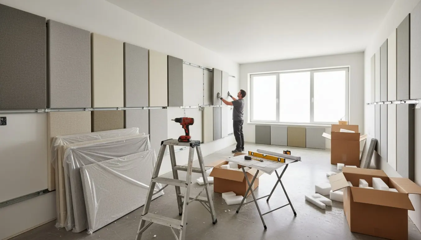 Montering af akustikpaneler på flere hvide vægge med værktøj og åbne kasser i et lyst rum.