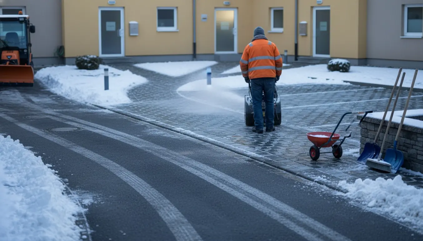 Snerydning ved en boligblok med ryddede fliser, stier til fire opgange og parkeringsareal.