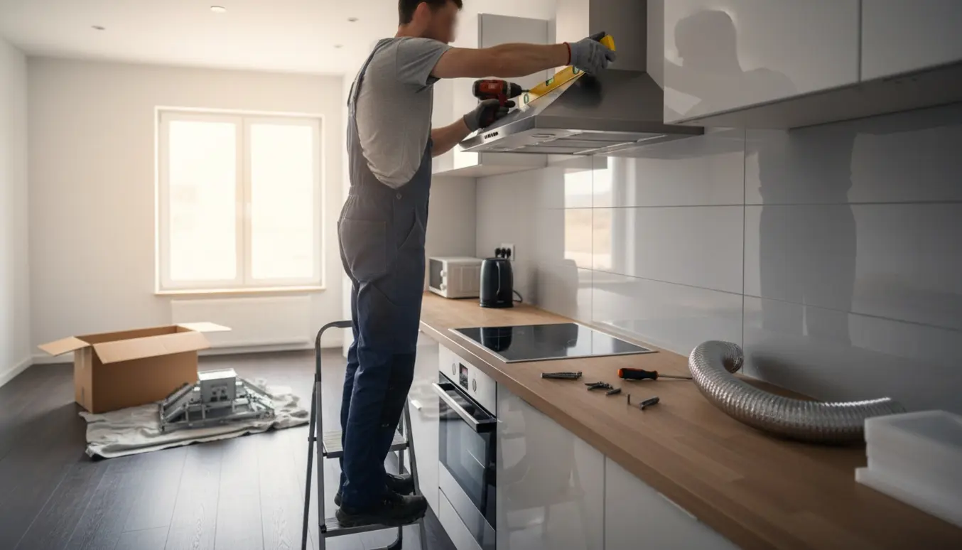 Person installerer en 90 cm rustfri væghængt emhætte i et moderne køkken set bagfra.