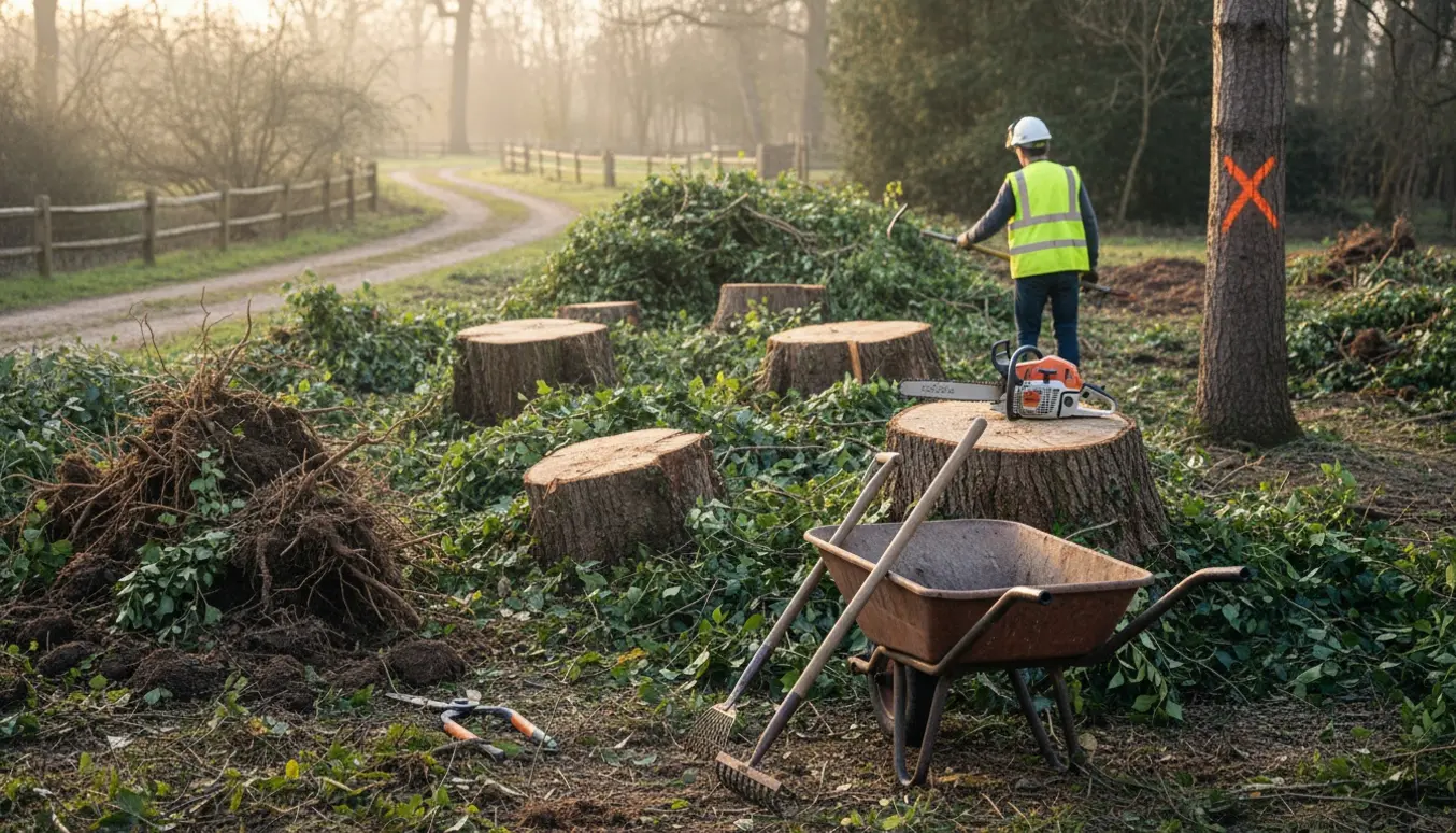 Rydning af krat i en lille have med fældede stubbe, efeu og værktøj.
