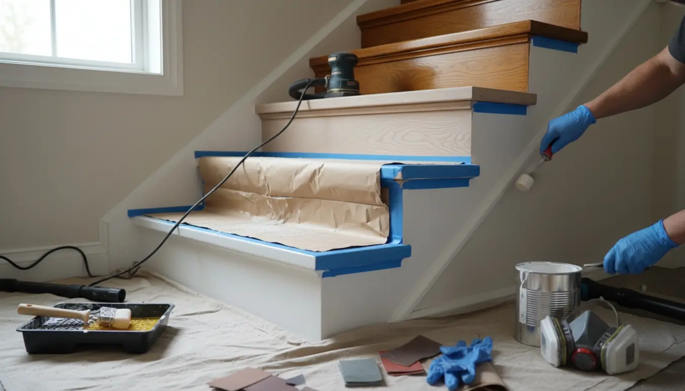 Nærbillede af slibning og maling af en gammel lakeret vinkeltrappe, med ét trin afdækket og klar til at forblive uændret.