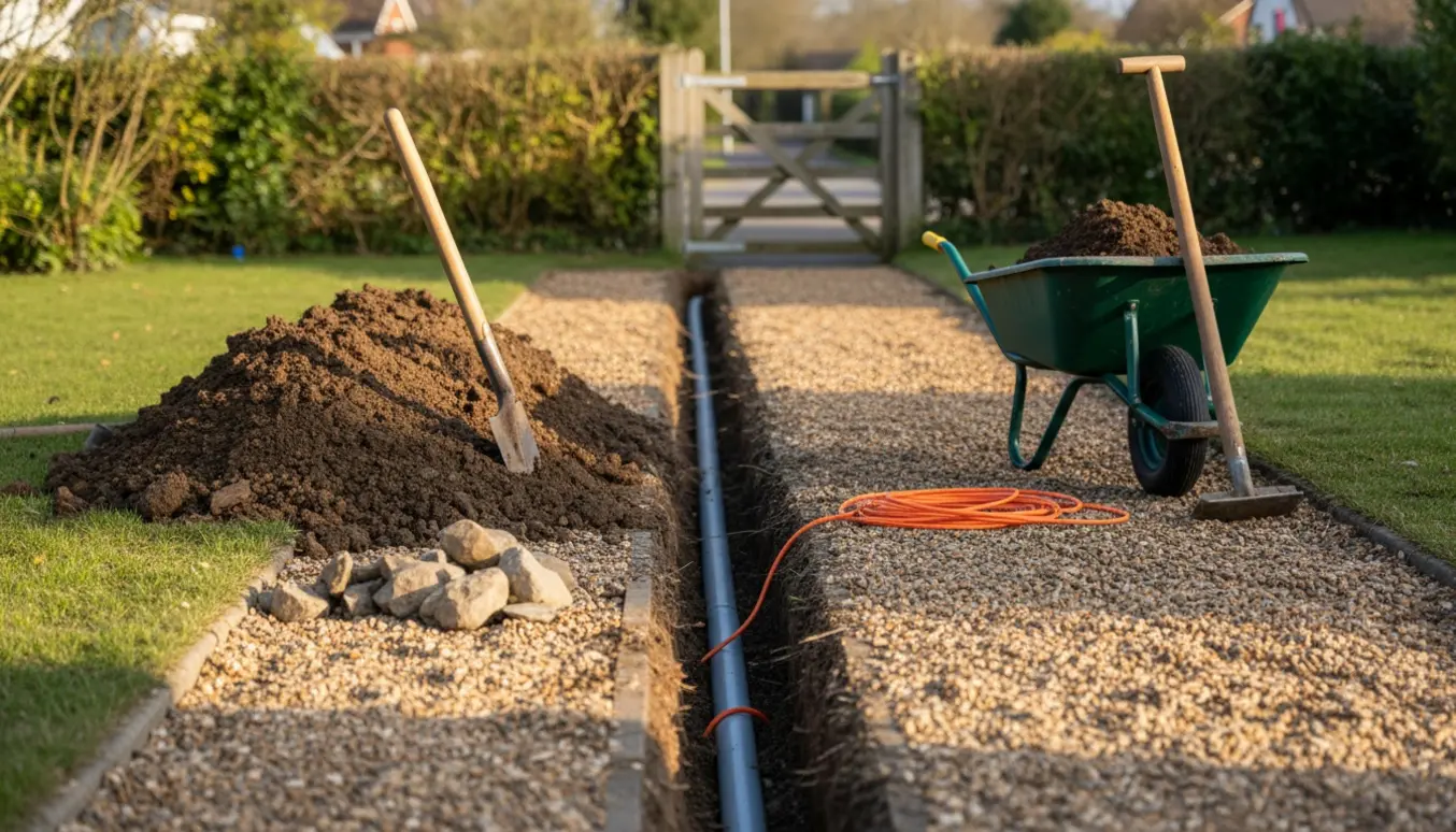 Nyligt gravet rende langs en havegang med et rør og værktøj klar til at trække elkabel.
