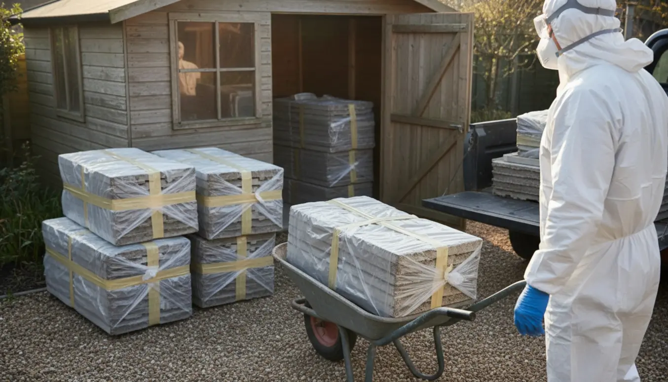 Bunke af asbestholdige eternit tagplader indpakket i tætte sække ved et skur klar til bortskaffelse med trillebør.