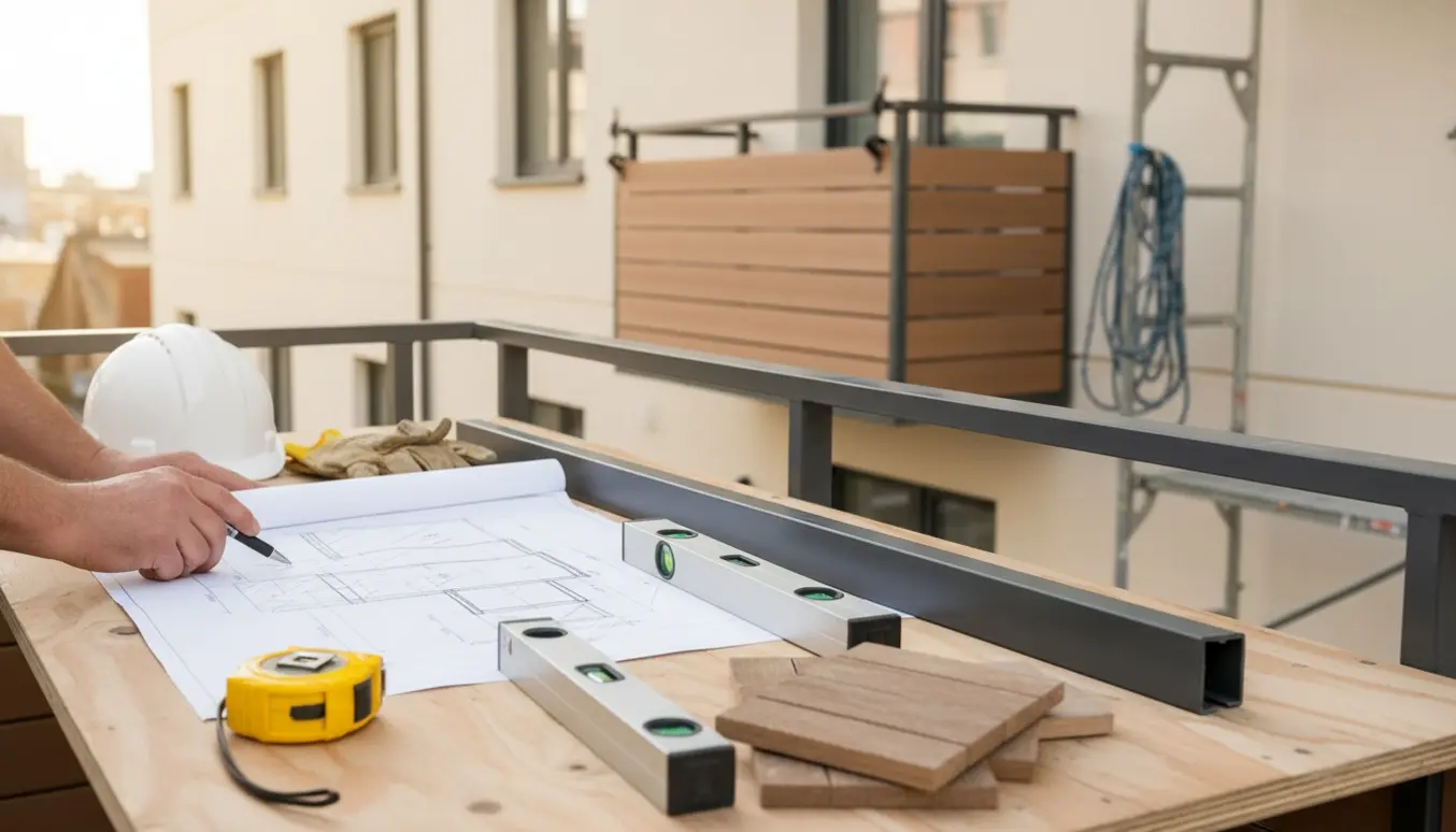 Udsnit af måleværktøj, materialer og håndtegnede skitser foran en altan på 2. sal, med hånd kun vist.