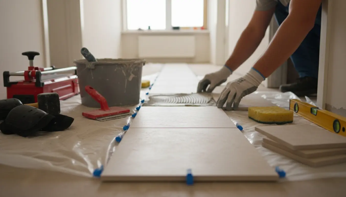 Nærbillede af hænder, der lægger fliser i en smal gangstribe med fliselim, murske, flisekryds og flisekutter ved siden af.