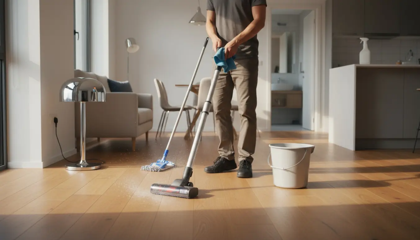 En rengøringsperson støvsuger og tørrer trægulv i et lyst hjem med møbler på plads.
