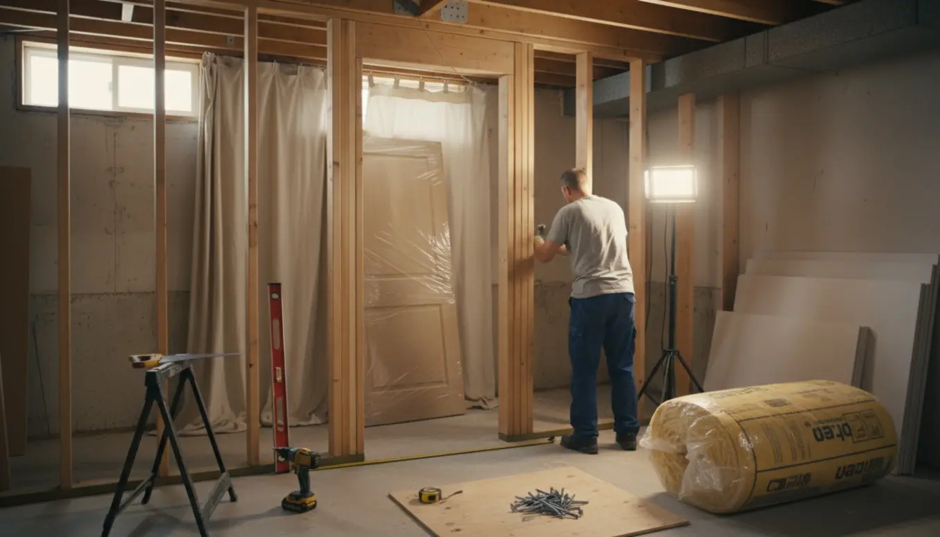 Delvist opført kældervæg med døråbning ved gardinet, omgivet af træstolper, gipsplader og værktøj.