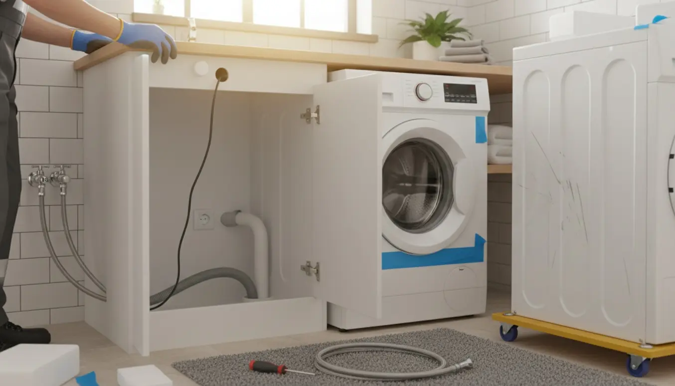 Hænder fører vaskemaskinens ledning gennem en bordplade og tilslutter vandslangerne til en ny vaskemaskine i et lyst bryggers.