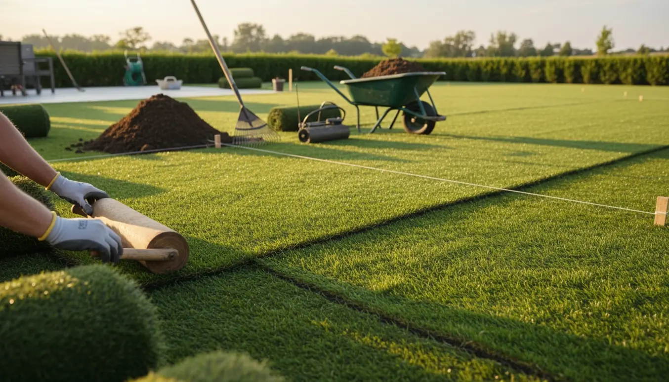 Rullegræs bliver lagt i en rummelig baghave med trillebør, rive og skovl.