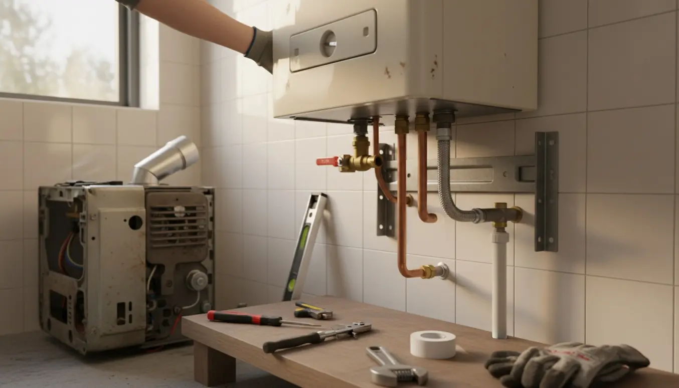 Tekniker monterer et brugt væghængt gasfyr med vandvarmer i et bryggers med synlige kobberrør og værktøj.