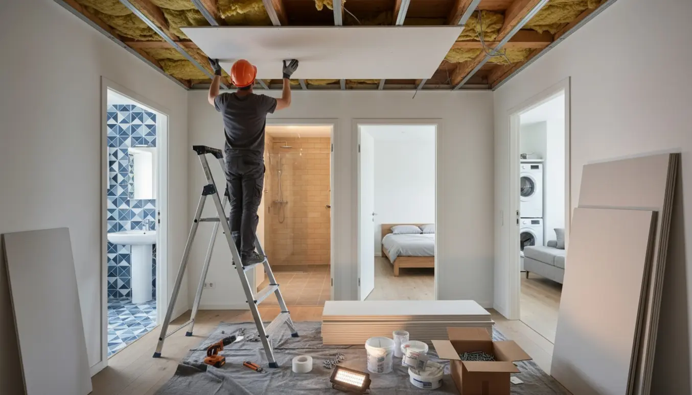 Håndværker fra ryggen monterer gipsplade i et tidligere træloft med døre til badeværelse, soveværelse og bryggers i baggrunden.