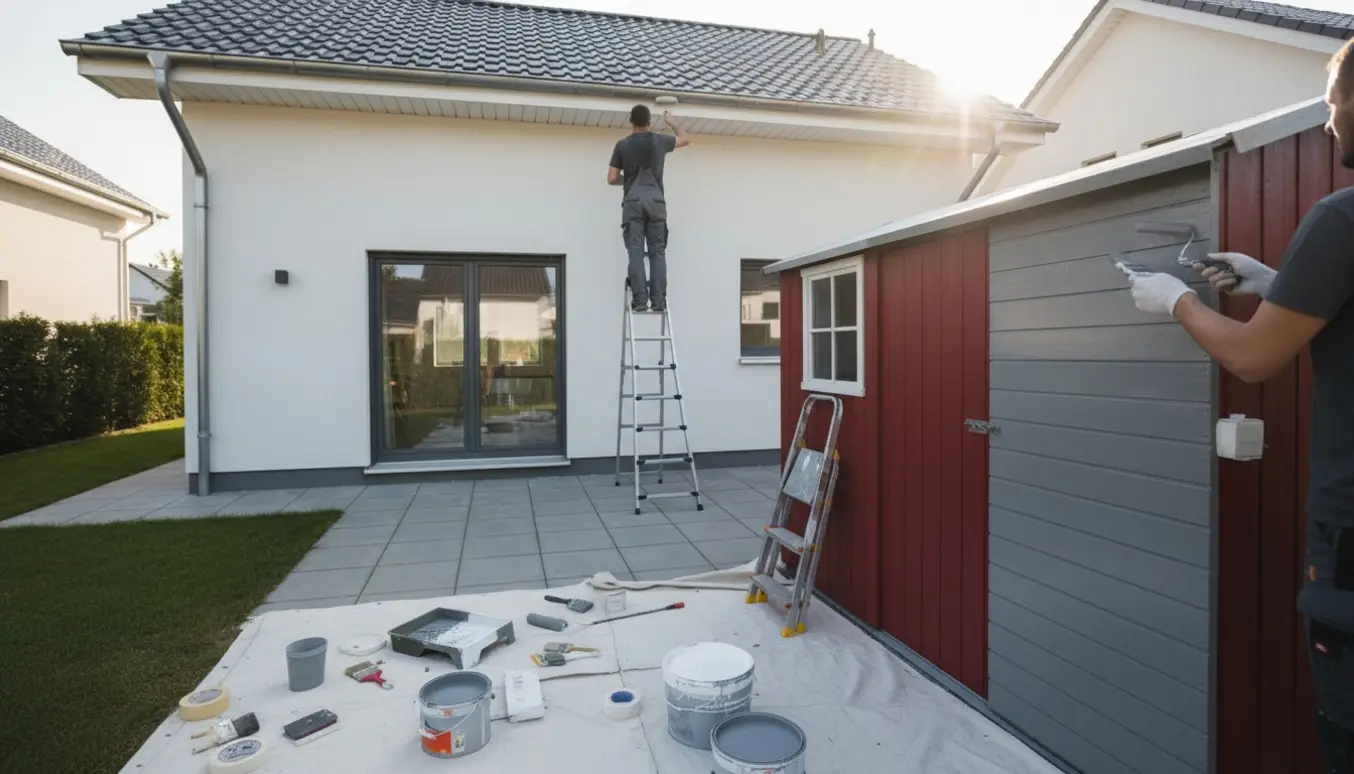 Et moderne huss udhæng og et lille redskabsskur bliver malet med stige, malerbøtter og afdækningsplader i naturlys.