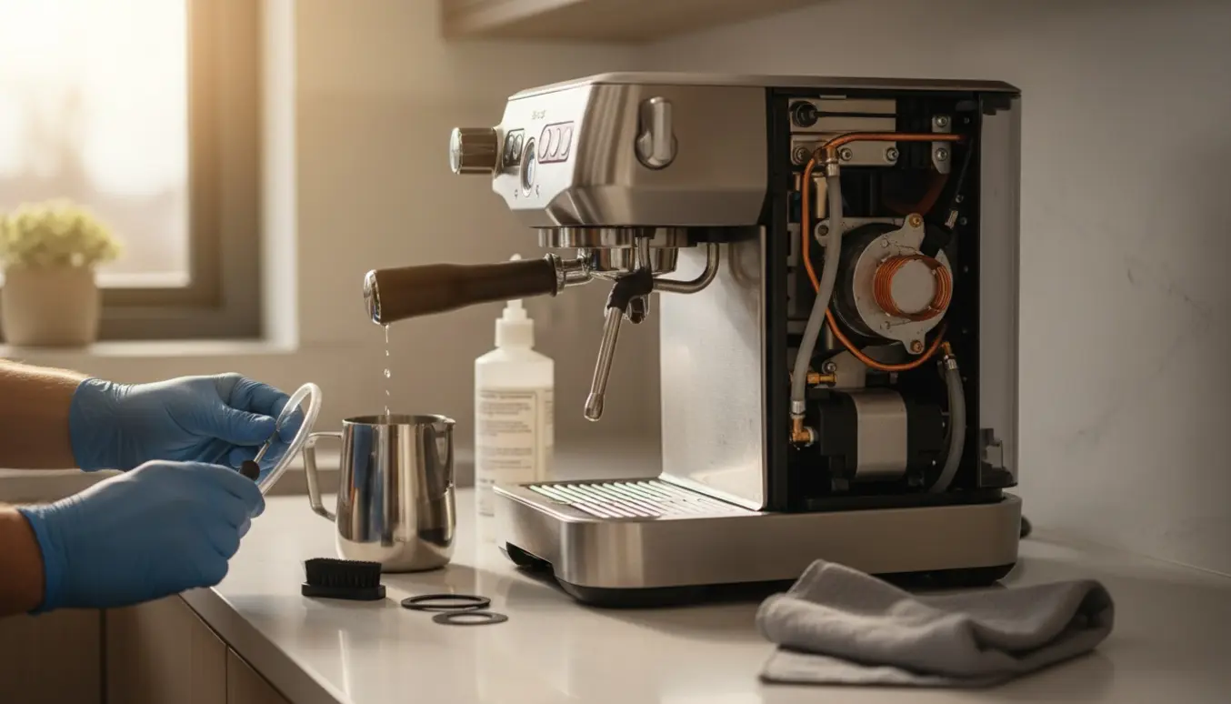 Nærbillede af en åben espressomaskine med værktøj, hvor en tekniker undersøger manglende vandtilførsel og svag mælkeskum.