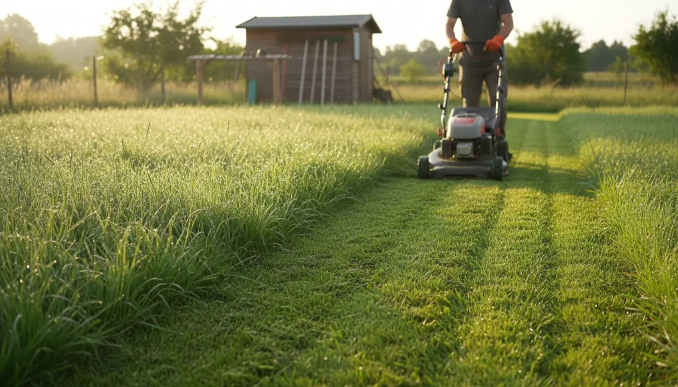 Person set bagfra, der klipper en meget langhåret græsplæne med en selvkørende plæneklipper.