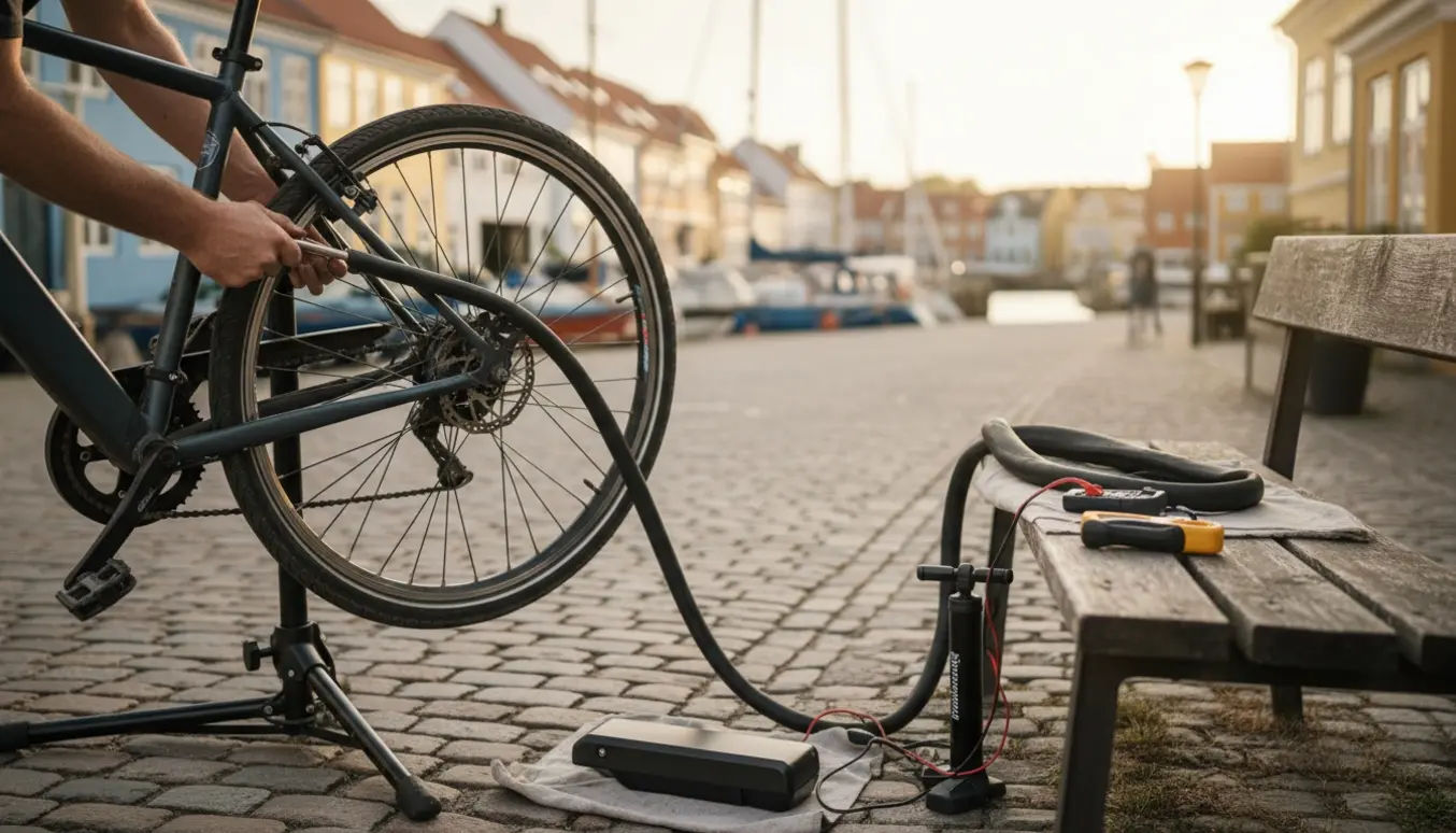 Elcykel på reparationsstativ med baghjul delvist afmonteret og mekanikerhænder i en lille dansk havneby.