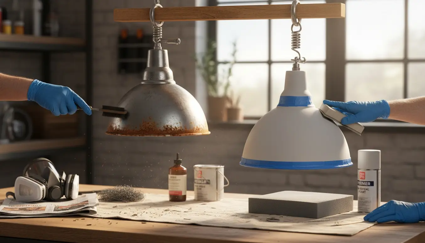 Nærbillede af to metalpendler på et arbejdsbord, hvor rust slibes væk og en er maskeret og klar til maling.