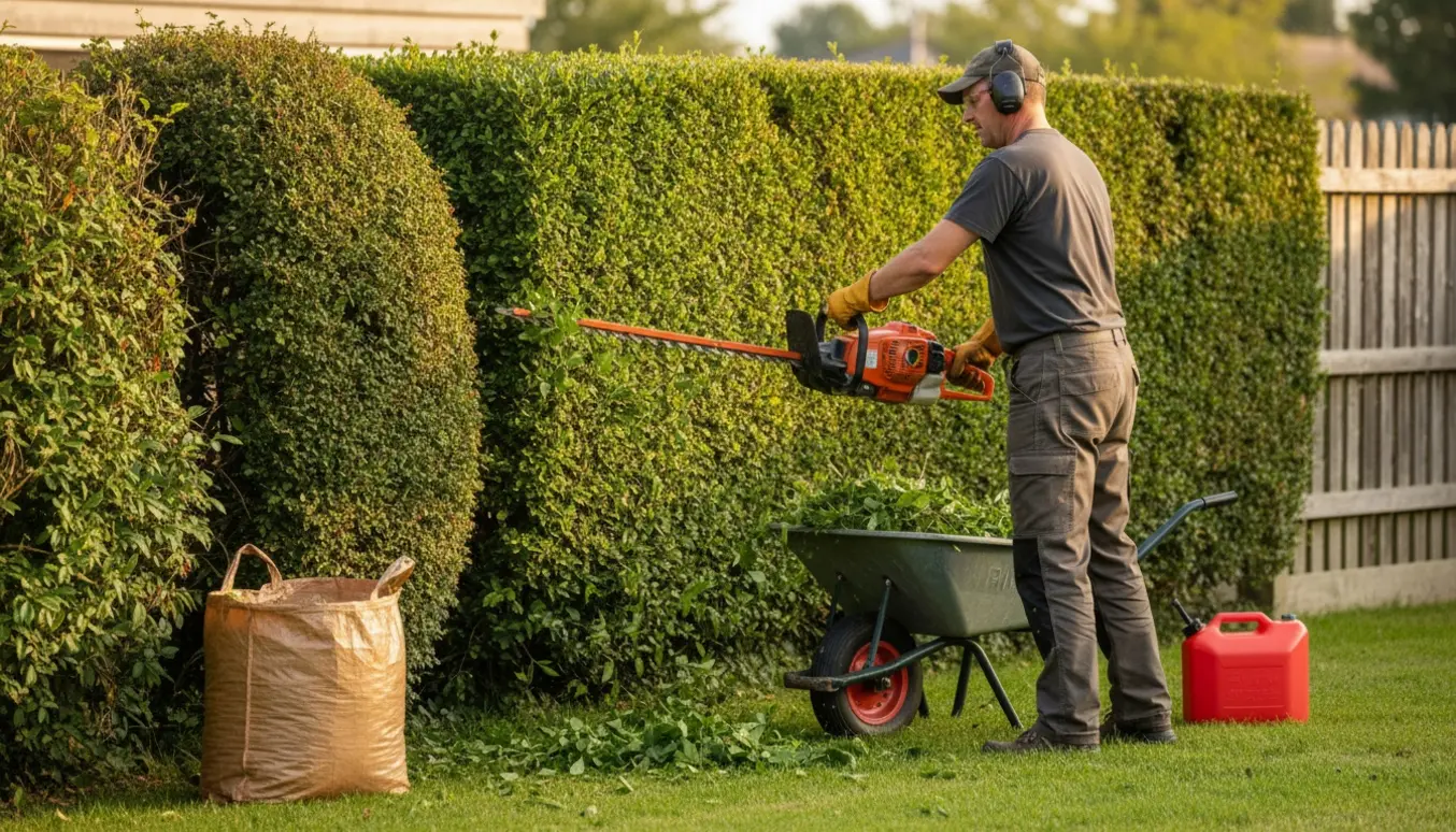 En person klipper en lang hæk med en kraftig benzinklipper, mens friske afklip samles i en trillebør.