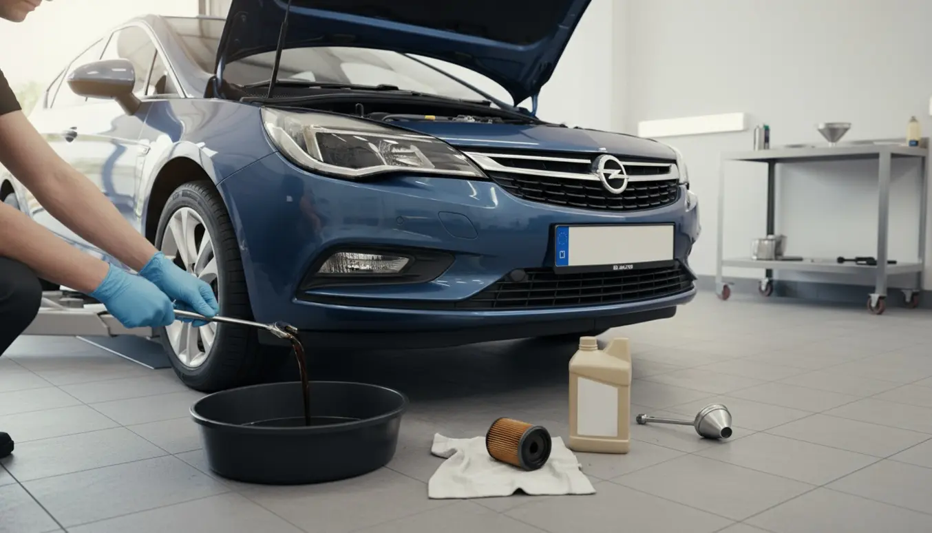 Olieskift på en Opel Astra 2015 med olie der løber i en opsamlingsbakke og nyt oliefilter klar ved siden af.