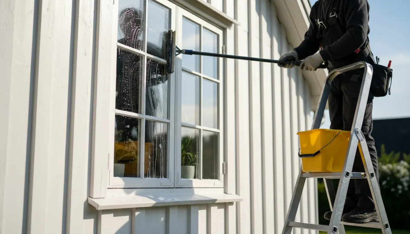 Udvendig vinduespudser på stige pudser bondehusvindue med skraber og spand.