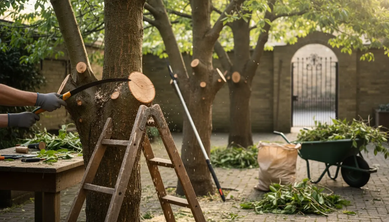 Beskæring af tre elmetræer og et kirsebærtræ i en snæver gårdhave med stige, grensaks og trillebør til bortskaffelse af affald.