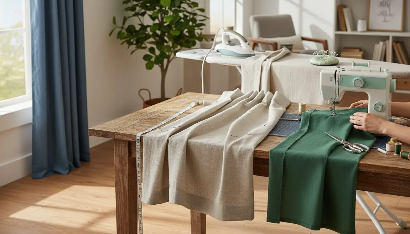 Hænder lægger gardiner op med en transportabel symaskine og syredskaber i et lyst rum.