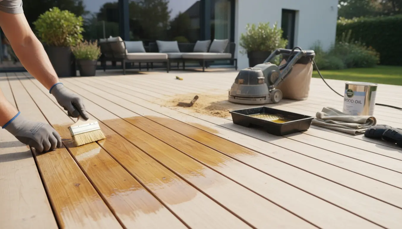 Nærbillede af terrasse hvor hænder sliber og olierer træbrædder med slibemaskine i baggrunden.