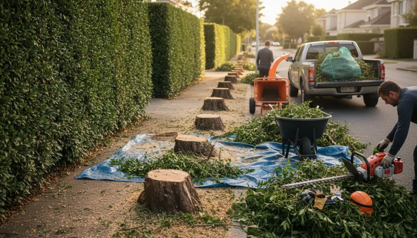 Oprydning efter fjernelse af en 2 m høj hæk langs vejen med stubbemaskine, bunker af afklip og udstyr klar til bortskaffelse.