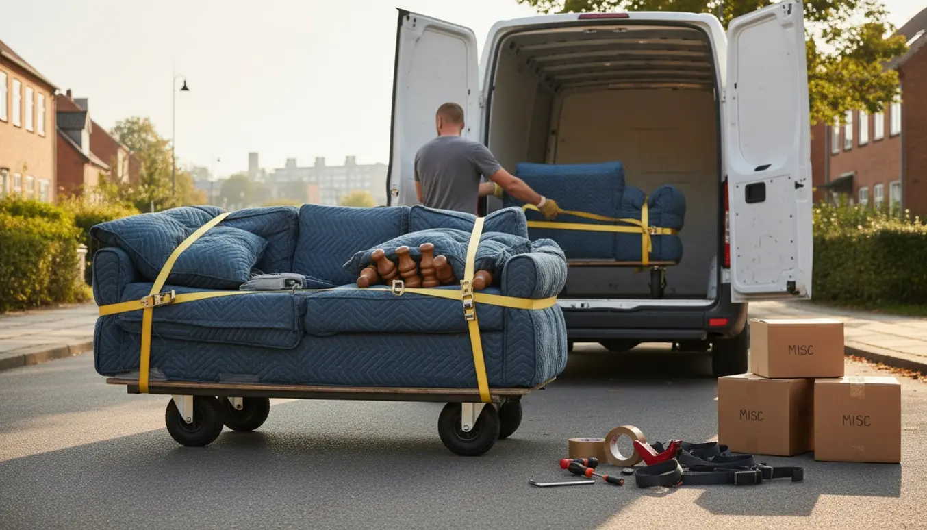 Mindre sofa i dele pakket i flyttetæpper og løftes ind i en varevogn på en træfyldt villavej.