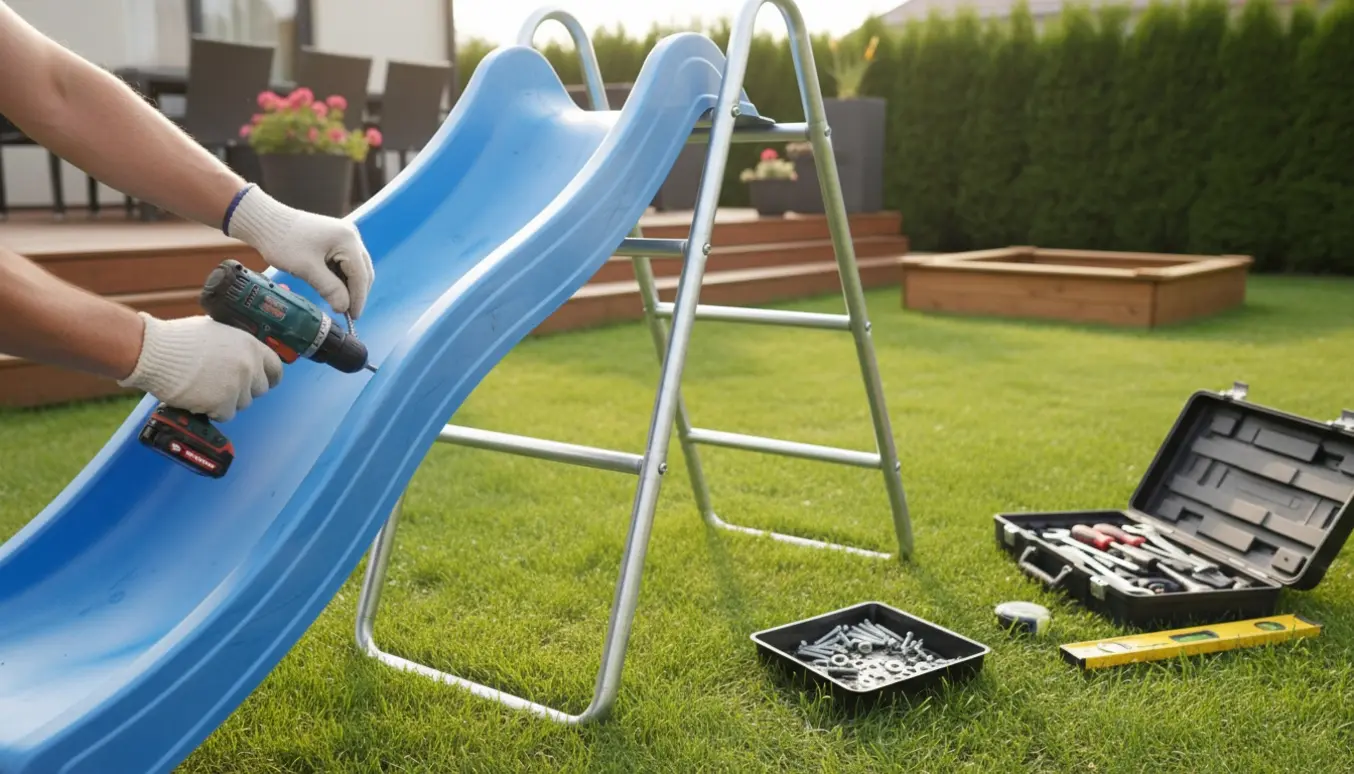 Nærbillede af hænder, der samler en udendørs plastisk rutschebane i en solrig have med værktøj omkring.