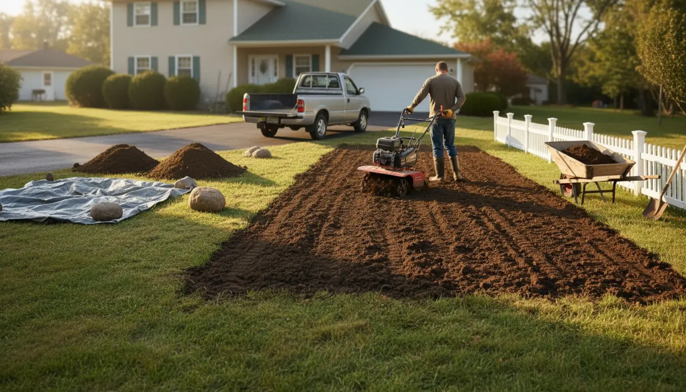 Have ved et hus med fræset jord, bunke jord, trillebør og tre sten klar til bortkørsel.