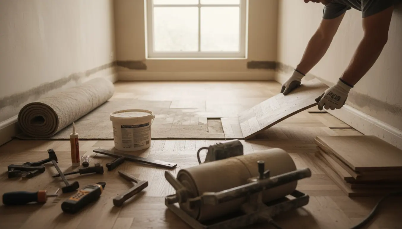 Værktøj og en slibemaskine foran et vandskadet parketgulv i et lyst rum.