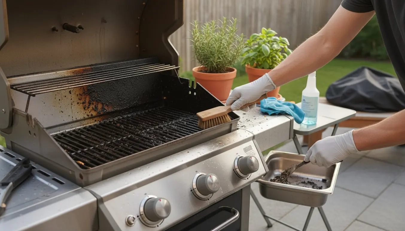 Hænder i handsker rengør indersiden af en gasgrill med grillbørste og skraber.