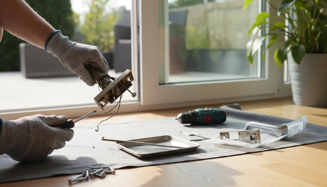Nærbillede af værktøj og arbejdshænder ved udskiftning af dørhåndtag og ødelagt metalstang på en terrassedør i et parcelhus.