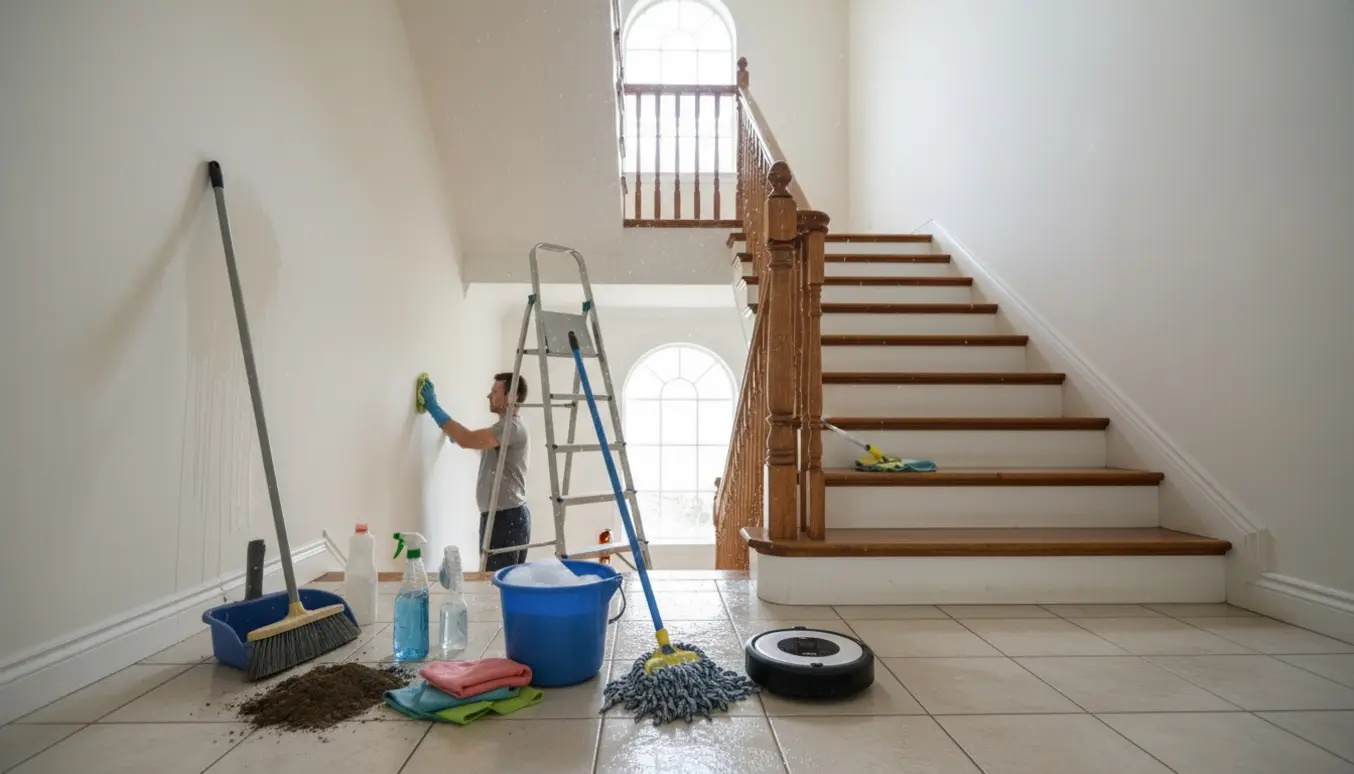 To-etagers trappeopgang under grundig rengøring med moppe, spand og stige.