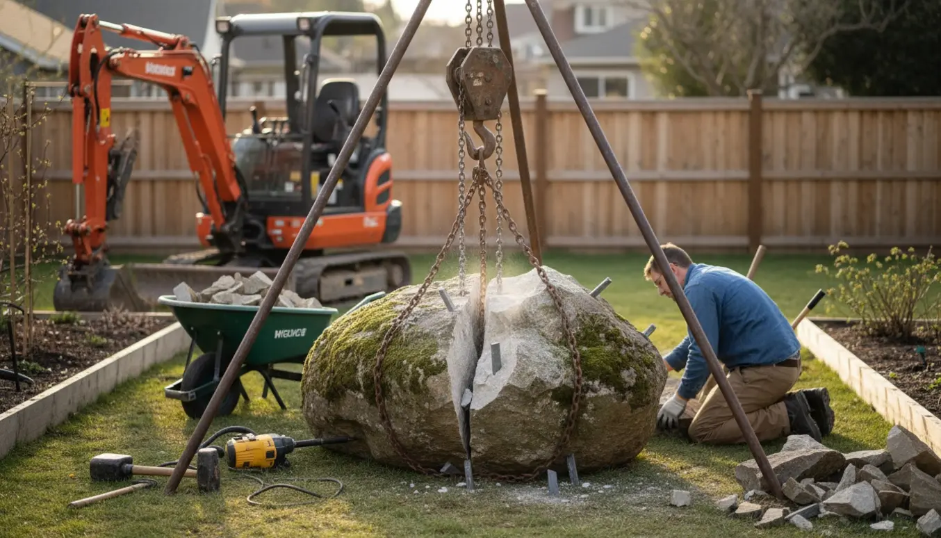 Treben og talje bruges til at løfte og knuse en meget stor sten i en baghave, omgivet af værktøj og stenfragmenter.