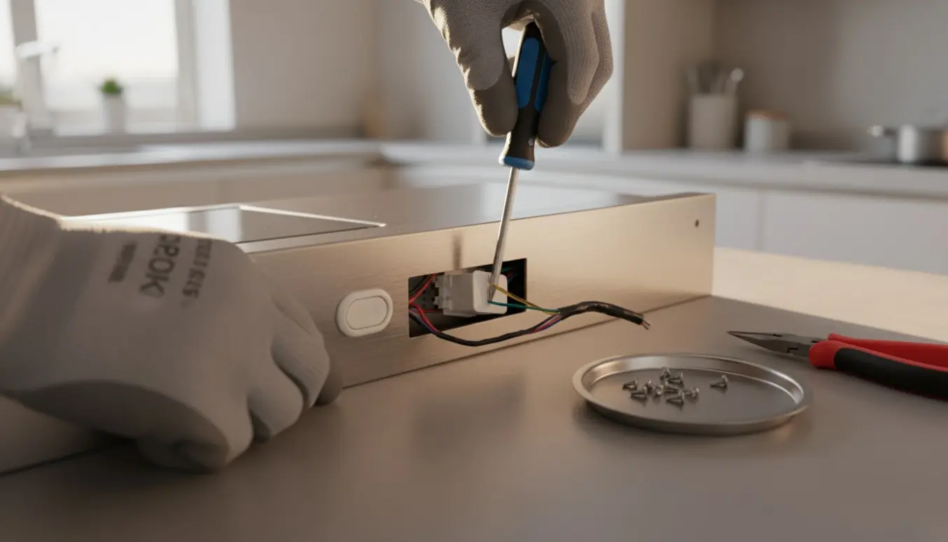 Nærbillede af hænder, der forsøger at montere en løs lysafbryder i en rustfri emhætte.