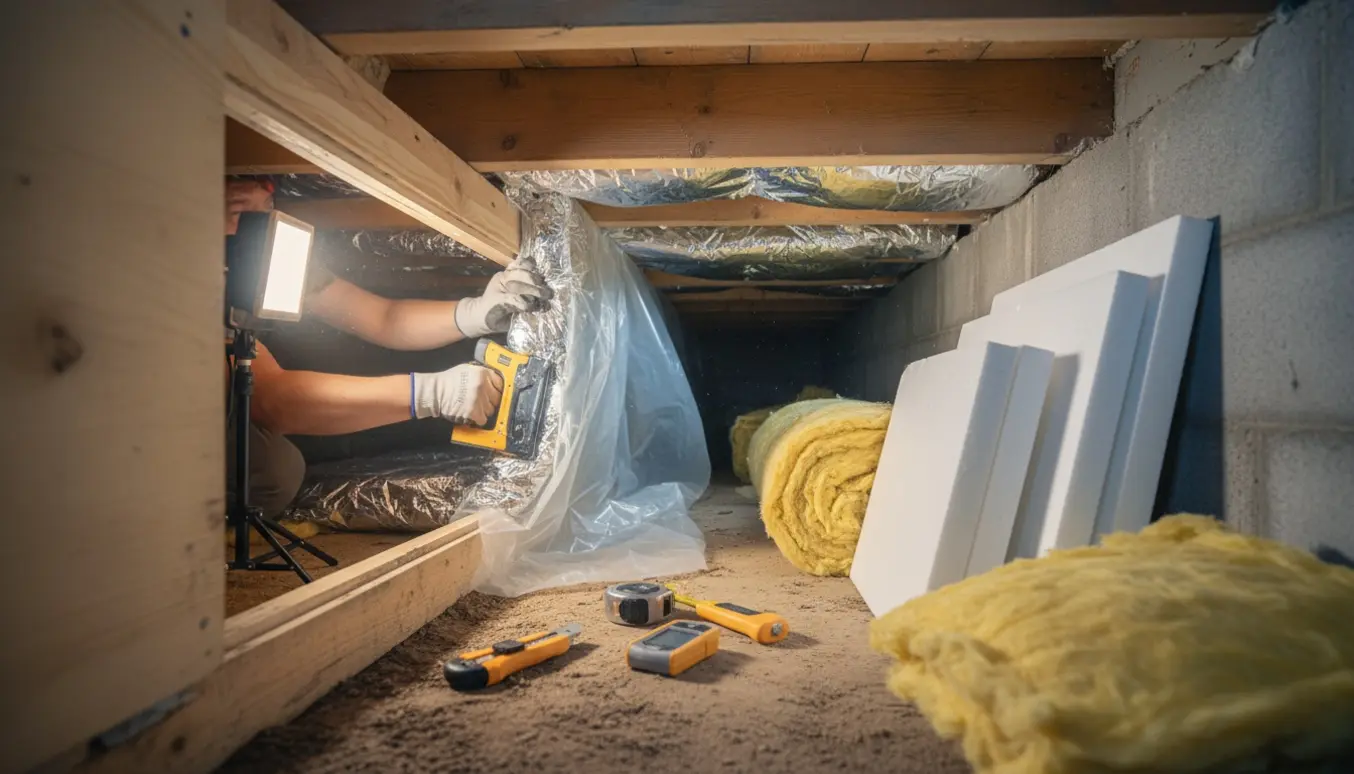 Åben krybekælder med isoleringsmaterialer og hænder, der monterer isolering mellem gulvbjælker.