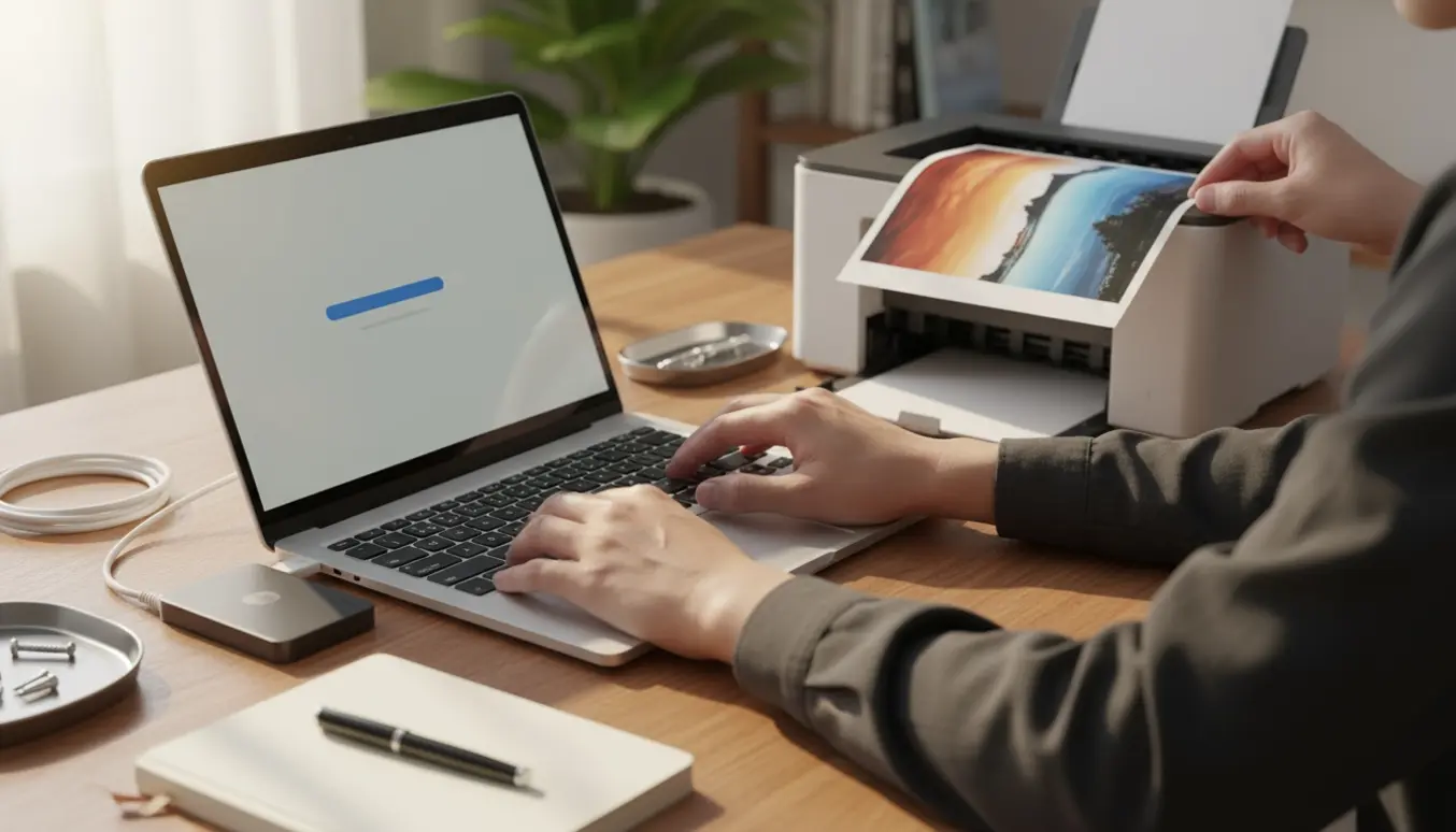 Et hjemmekontor med en bærbar, hænder der opdaterer pc'en og en printer, hvor et farvet ark glider ud.