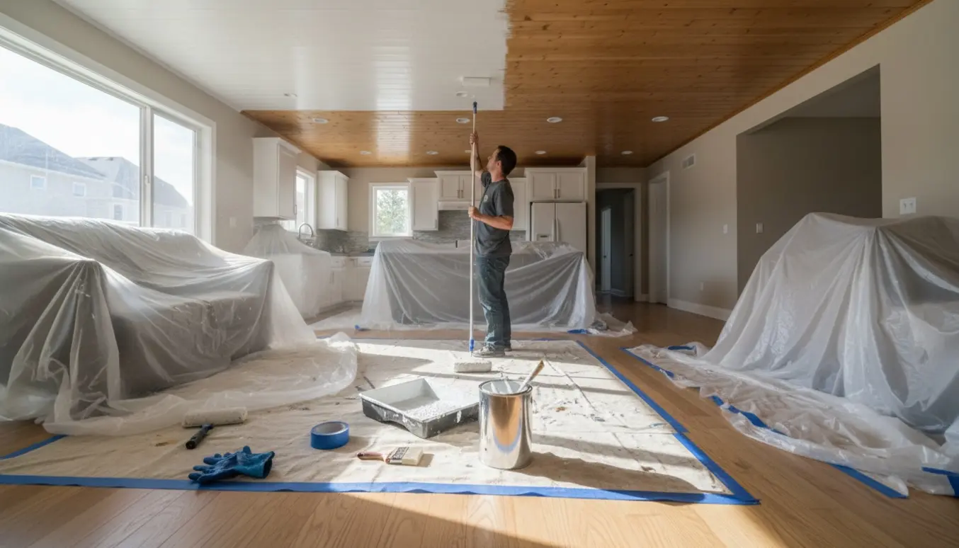 Maler ruller hvid maling på et træloft i køkken og stue, mens møbler er dækket af afdækning.