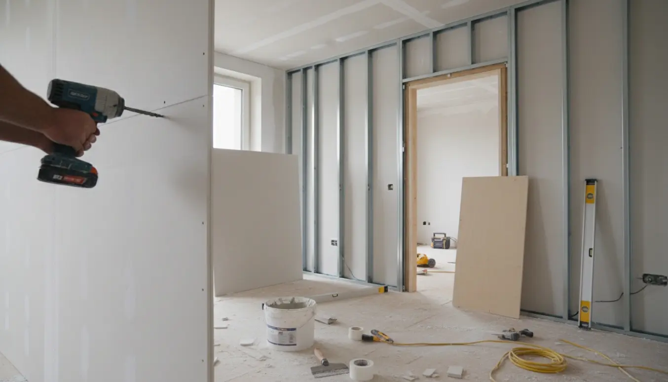 Indvendigt byggearbejde med to nye gipsvægge og en døråbning under montage.