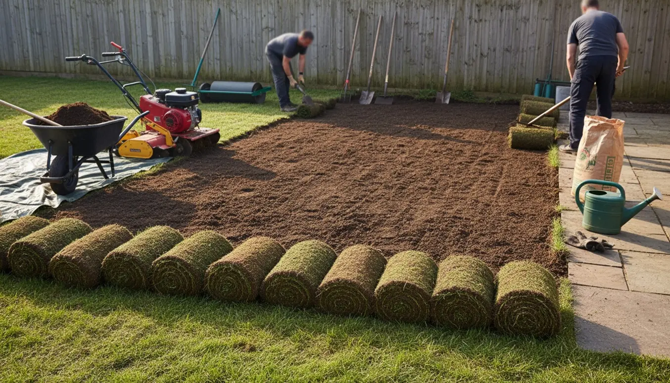 Omlægning af græsplæne med rullegræs, fræser, redskaber og arbejdere med skjulte ansigter i en solrig villahave.