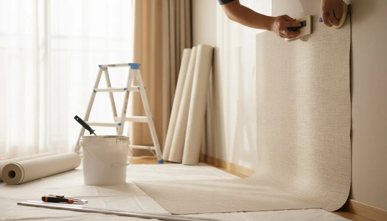 Hænder påsætter filt på en primet væg i en lejlighed med limspand, rulle og afdækket gulv.